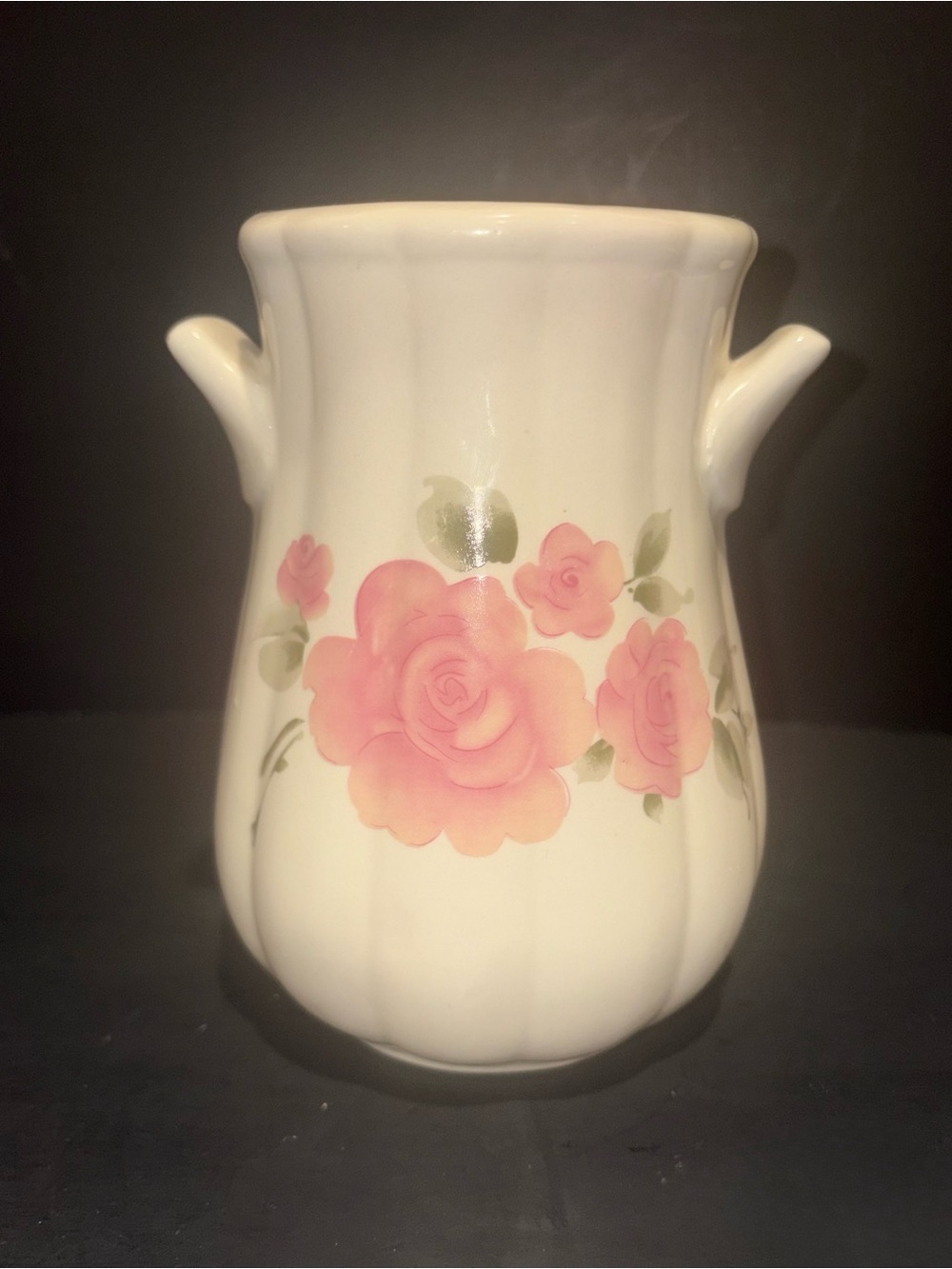 Gibson White Ceramic Vase with Pink Rose Motif- Vintage